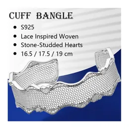 Rigid Wrist Cuff Bracelets Bangles For Women Fine Jewelry Silver 925 Original Zircon Stones Woven Lace Stud Hearts 16 17.5 19cm 240327