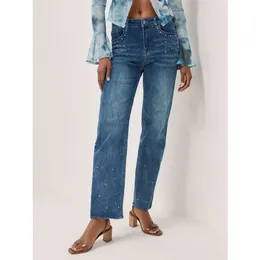 Gerade Bein Casual Hosen weiche und komfortable Textur Stoff Diamant Design schlanker Jeans mit hoher Taille für Frauen