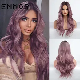 Mänskliga lockiga peruker Nya mitten av avskildhet Purpurgrad Gradvis förändring Lång Curly Chemical Fiber High Temperatur Silk Wig Head Cover Hairwigs