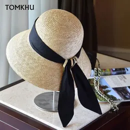 Mulheres UPF50 Hat Sun Brim Brim Cloche Straw Hat Black Ribbon Knot Wide Brim pico balde chapéu de verão Cap de praia Derby Visors 240412