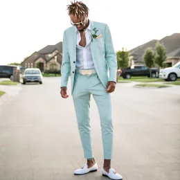 Tuxedos 2019 New Mint Green Mens Suits Slim Fit Two Piece Beach Groomsmen Wedding Tuxedos for Men for Peaked Lapel Formal Prom Suit（ジャケット+P