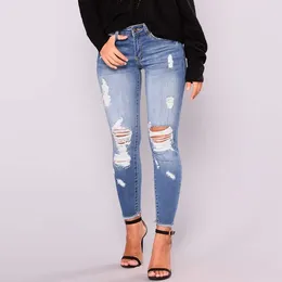 Calça jeans feminina, elos ruptura calças de buraco esbelto, prejudicando calças jeans angustiadas com bolsos elásticos de streetwear vintage vintage