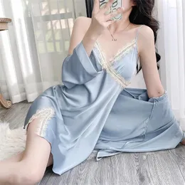 Robe de cetim feminino Setin Robe Set Women Loungewear Sexy Lace Up Nightgown Chemise Nightdress NightyroBe Terne Bathrobe Lingerie