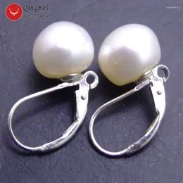 Kolczyki Dangle Qingmos Naturalna płaska biała perła dla kobiet z 7-8 mm okrągły srebrna biżuteria do kolczyków