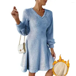 Casual Dresses Women V-neck Dress Cozy Plush V Neck Women's Winter A-line Solid Color Pullover Midi With Long Sleeve Loose Hem For Warmth