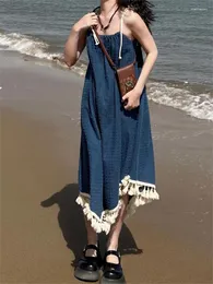 Sıradan Elbiseler 2024 Yaz Plajı Elbise Fransız Tarzı Mavi Askı Lady Öğrenciler Peri Tassel Deigner Sleeveless Mi
