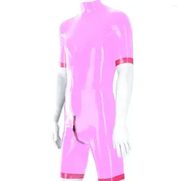 Shorts masculinos homens de manga curta pescoço de pescoço aberto zíper de zíper cor de boath bodysuit Faux couro de pvc maiússio de pvc spandex teto macacão costume