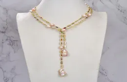 Guaiguai Jewelry Cultured Pink Keshi Pearl Mixed Color Rectangle CZ Pave Long Chain Necklace Handmade Women Real Gems Stone LA9986212