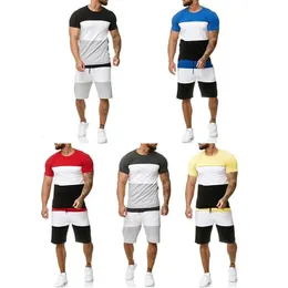Masculino TwoPiece Horizontal Stripe Design Sports Sportswear Shorts Tshirt Casual Diário Moda Esportes Curros 240412