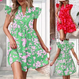 여자 2024 스프링/여름 새로 잎 소매 v 넥 느슨한 허리 인쇄 드레스 f41933