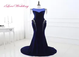 2018 Cheap Royal Blue Velvet Evening Dresses O Neck Cap Sleeves Lace Up Back Long Formal Prom Party Gowns Special Occasio6993058