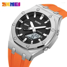 Wristwatches SKMEI Original Silicone Men's Watch Orange Strap Blue World Time Stopwatch Timing 5 Sets Of Alarm Clock On The Hour 2243