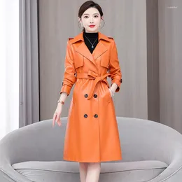 Women's Leather Women Spring Autumn Casual Coat Fashion Turn-down Collar Double Breasted Slim Sheepskin Trench Split