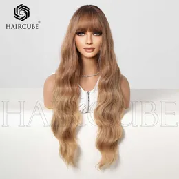 Human Curly Perücken Haircube synthetische Perücke mit geraden Pony Braun langen lockigen Haaren Daily Perücke Stirnband für Frauen Perücken