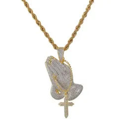 Halsketten Hip Hop Zirkon Männer Schmuck Beten Hände und Kreuz Halskette mit Weizenkette für Männer 18k Gold plattiert