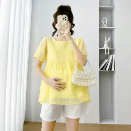 Kleider 2023 Sommer -Mutterschaftshemden mit Futter Puffärmel Square Collar Hohe Taille Schwangere Frau Falten Blusen Schwangerschaft Top -T -Shirts