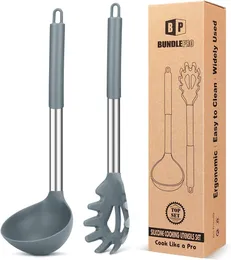 Set di cucchiai di pasta di silicone e cucchiaio a mestoli, grandi utensili da cucina non stick per cucinare, mescolare, servire spaghetti, zuppa, salsa