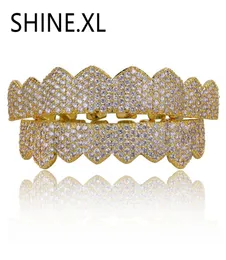 Nuovo Fashion Custom Gold Denti Grillz Hip Hop ghiacciato All Cubic Zircon Top Bottom Caps Set Bling Body Jewelry5647623