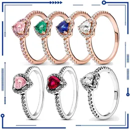 925 Silver Authentic Elevated Red Green Blue Pink Heart Shaped PAN Ring with Crystal Ladies Birthday Gift Popular Jewelry Free Shipping