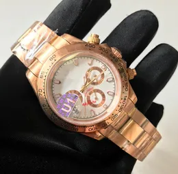 Rose Gold Mens 시계 AAA 시계 화이트 다이얼 40mm 고급 사파이어 자동 기계적 스테인리스 스틸 흰색 다이얼 모든 서브 다이얼 MOV3916982