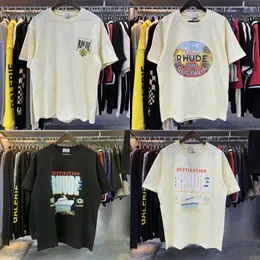 Rhude tees gustavia hotel stampato di alta qualità 230g t-shirt a manica corta a doppia manica corta cotone rhude maschi