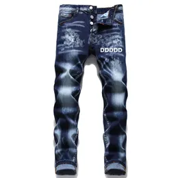 Мужские джинсы брюки Мужские дизайнерские джинсы для мужчин брюки роскошные голубые голубые тонкие хип-хоп брюки Черные цифровые печать дыры Брюки мотоцикл Сексуальные джинсовые джинсы 38