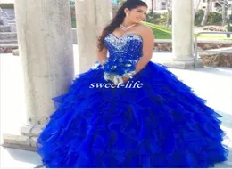 Royal Blue 2019 Quinceanera Kleider Cascading Rüschen Ballkleid Schatz Perlen Ausschnitt Organza Korsett Süße 19 Partykleider P9211755