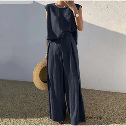 Women's Two Piece Pants Women Cotton Linen Suits Summer Sleeveless O-neck Tank Top Wide Leg Pants Two Piece Sets Female Fashion Casual Solid Loose Suits 230518 935