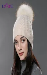 Keyif Kış Kürk Pompom Şapka Kadınlar için Kaşmir Yün Pamuk Şapk Büyük Gerçek Rakun Kürk Ponpom Beanies Cap Fox Fur Bobble Hat Y20014819344