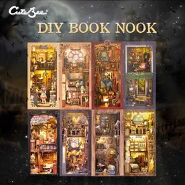 3D Puzzles Cutebee Drewniana książka Nook Shelt Wstaw Zestaw Miniaturowe Zestawy budowlane Magic Night Alley Showshelf z pył okładki Bookends Prezenty 240419