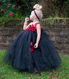 Kız Elbiseler Kızlar Siyah Tutu Elbise Çocuk Çiçek Peri Tül Uzun Balo Kırmızı yaprakları ve Hairbow Çocuk Parti Kostüm