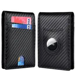 Plånböcker för män mini plånbok kolfiber äkta läder visitkortsålhållare penning clip kreditkort fodral lufttag plånbok för män