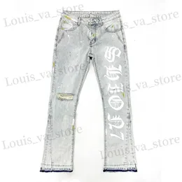 Jeans masculinos americanos 100% algodão masculino jeans impressão de bainha aberta calça jeans de jeans pesados rasgados em calças masculinas T240419