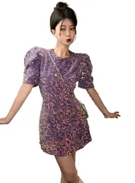 Women puff short sleeve o-neck purple color paillette sequined shinny bling short desinger dress SML