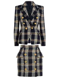 Top Quality Est FW Designer Suit Set Womens Slim Fiting Plaid Tweed Woolen Blazer Jacket Kjol 240412