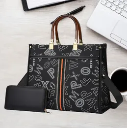 Factory outlet womens handbags large capacity padded printed leather tote bag horizontal two piece fashion letter handbag elegant striped shoulder bag 1116#