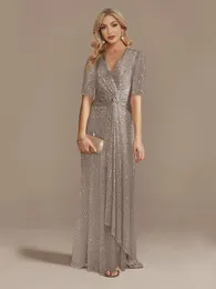 Lucyinlove Luxus bodenlange V-Ausschnitt Abendkleid 2024 Frauen Elegante Party Maxi Kleid Pailletten Kurzärmele Prom Cocktail Kleid 240403