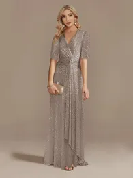 Lucyinlove Luxury Floor Length V-Neckイブニングドレス2024女性エレガントパーティーマキシドレススパンコン短袖プロムカクテルドレス240403