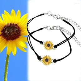 Link Bracelets Cotton Cord Sunflower Handmade Braided With Black Rope Charm Friendship Wish Card Surf Bangle Jewelry Gift