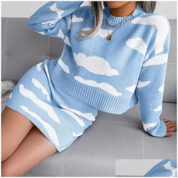 Two Piece Dress Retro Sweet White Cloud Printed Twopiece Skirts Sets Womens O Neck Longsleeved Loose Sweater With 2 Set Drop Delivery Ot1Wr