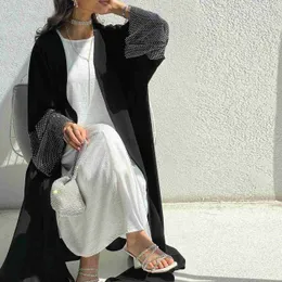 Abbigliamento etnico Outwear musulmano Abaya Kaftan Women Jilbabs Manica netta con preghiera di strass Cardigan Coat Abbigliamento islamico Dubai Saudita Robes D240419