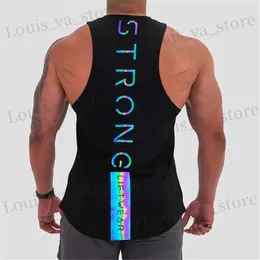 Herr t-shirts lysande gym Kläder Mens Bodybuilding Reflective Tank Top Cotton Slveless Vest Sweatshirt Workout Sportwear Tops T240419