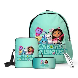 Bags 3pcs/set anime desenho animado gabby's bonecohhouse backpack garotas meninas escolar de ensino médio estudantes laptop saco crossbody saco de capa de caneta