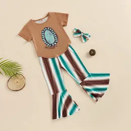 Clothing Sets Summer Kids Girls Suit Clothes Casual Street Party Short Sleeves Tops Striped Long Bell-Bottomed Pants Children's