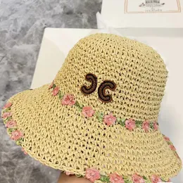 Womens Fashion Flower Decoration Fisherman Hat Straw Woven High Top Sun Visor Hat Designer's New Handmade Woven Hat with Dust Bag