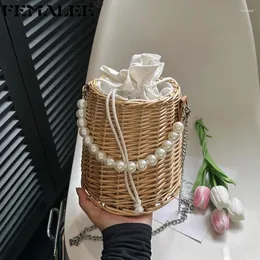 Bag FEMALEE Women's Picnic Handbag Drawstring Straw Beach Summer Woven Shoulder Bucket Bags Bohemian Female Handmade Rattan Tote