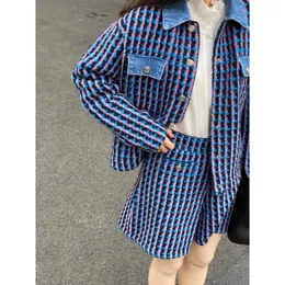 Small Fragrant Wind Powder Blue Tweed LongSleeved Knitted Cardigan Shorts Set Brand S High Quality Free Ship 240412