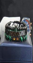 3PCSSET Crown Bangel Bracelet for Men Green CZ Coroa Moda de bracelete da coroa Jóias de manguito de aço inoxidável9830805