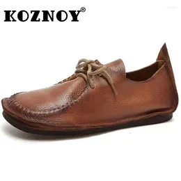 Casual Shoes Koznoy 1cm Ethnic Manual Suture äkta läderlägenheter Loafers Mockasins Lazy Slip On Soft Comfy Summer Women Leisure