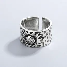 Klusterringar stora vintage solros för kvinnor män thailändska silverblomma retro punk hiphop öppnar fingerring mode smycken tillbehör